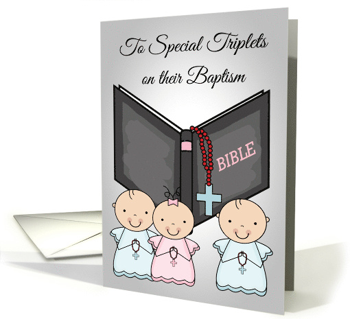 Congratulations, Baptism, Triplets, two boys and one girl, bible card