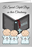 Congratulations, Christening to Triplet boys, bible with a red rosary card