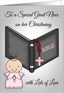 Congratulations on Christening to Great Niece with a Baby and a Bible card