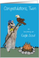 Congratulations To Twin, Becoming Eagle Scout, Raccoon, blue card