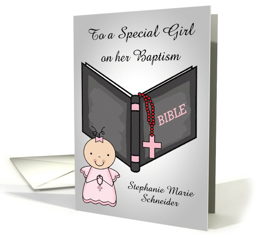 Congratulations on Baptism to Baby Girl Custom Name with a Bible card