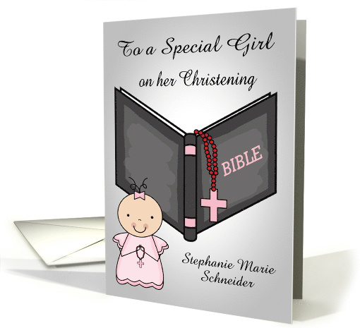 Congratulations to a baby girl on Christening, custom name, bible card