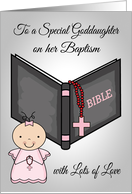 Congratulations on Baptism to Goddaughter with a Baby Girl and a Bible card