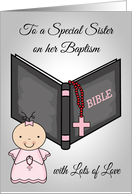 Congratulations on Baptism to Sister with a Baby Girl and a Bible card