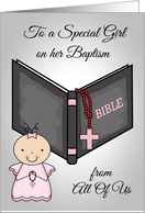 Congratulations, Baptism from All Of Us, baby girl, bible with rosary card