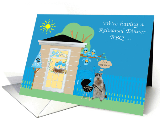 Invitations, Rehearal Dinner, Barbeque Theme, Raccoon grilling card