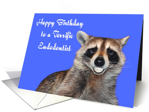 Birthday to Endodontist, Raccoon smiling with dentures on blue card