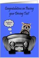 Congratulations on Passing Driving Test Custom Name with a Raccoon card