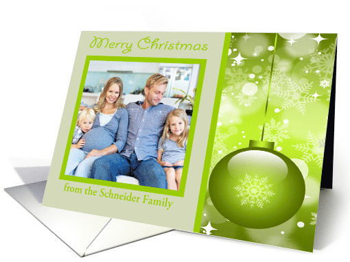 Christmas, custom name photo card, Ornament with snowflakes card