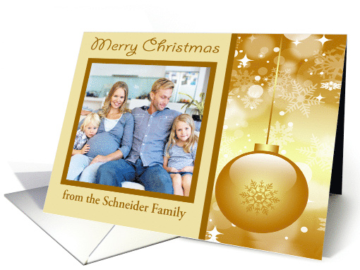 Christmas, custom name photo card, Ornament with snowflakes card