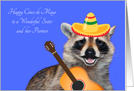Cinco de Mayo To Sister And Partner, raccoon with mustache, sombrero card