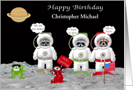 Birthday Custom Name Card with Raccoon Astronauts on the Moon card