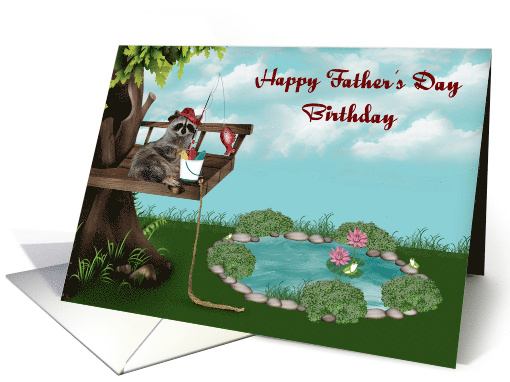 Birthday On Father's Day with a Raccoon Fishing From a Tree card