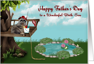 Father’s Day to Birth Son, Raccoon fishing from a tree, bucket of fish card