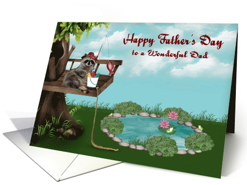 Father's Day to Dad, Raccoon fishing from a tree, bucket of fish card