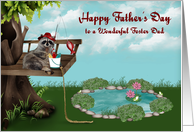 Father’s Day to Foster Dad, Raccoon fishing from tree, bucket of fish card