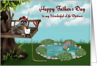 Father’s Day to Life Partner, Raccoon fishing from tree with frogs card