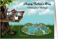 Father’s Day, Custom Name, cute raccoon fishing from a tree, frogs card