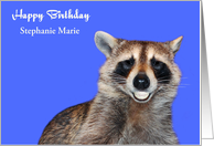 Birthday, custom name, Raccoon smiling with pearly white dentures card