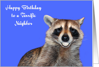 Birthday to Neighbor, Raccoon smiling with pearly white dentures, blue card