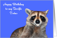 Birthday To Twins, Raccoon smiling with pearly white dentures, blue card