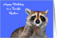 Birthday To Realtor, Raccoon smiling with pearly white dentures, blue card