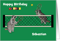 Birthday, custom name, Raccoons playing tennis with tennis rackets card