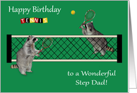 Birthday to Step Dad, Raccoons playing tennis with tennis rackets card