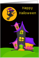 Halloween, general, Haunted house with a cat flying on a broom, moon card