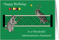 Birthday to Administrative Assistant, Raccoons playing tennis, rackets card