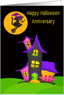 Anniversary On Halloween with a Haunted House and a Witch Cat card