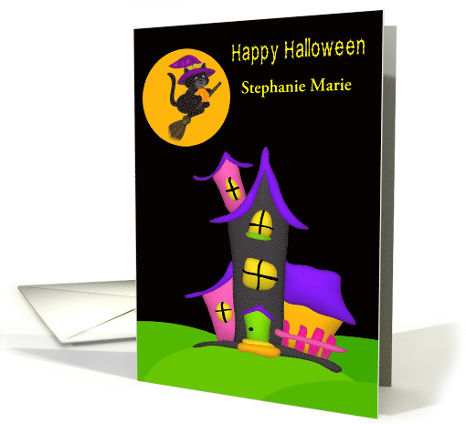 Halloween Custom Name with a Haunted House and a Witch Cat Flying card