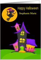 Halloween Custom Name with a Haunted House and a Witch Cat Flying card