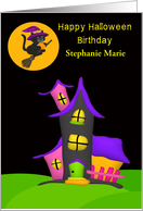 Birthday on Halloween, custom name, Haunted house with a witch cat card
