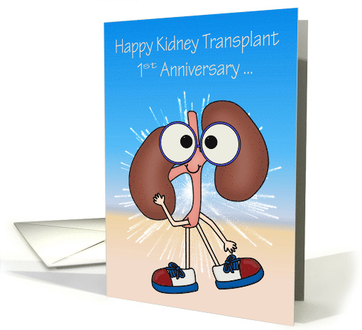 1st Anniversary of Kidney Transplant with Kidneys Wearing Glasses card