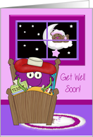 Get Well, general, sick monster in bed with a bear outside his window card