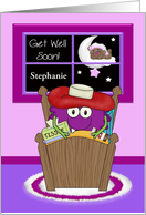 Get Well, custom any name, sick monster in bed, bear outside window card