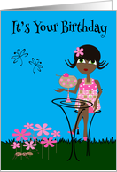 Birthday, adult humor, general, girl with a large cocktail, flowers card