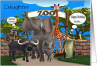 Birthday to Daughter, humor, Zoo animals with raccoon trying to fit in card