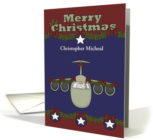 Christmas, Air Force Custom Name with Santa Claus Flying a Plane card