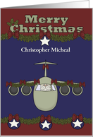 Christmas, Air Force Custom Name with Santa Claus Flying a Plane card