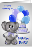 Invitations, Birthday Party, general, elephant with cake and balloons card