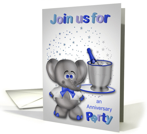 Invitations, Anniversary Party, elephant with champagne and stars card