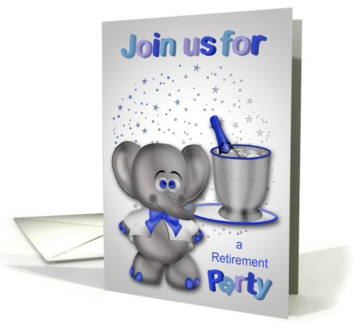 Invitations, Retirement Party, general, elephant with champagne card