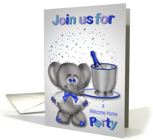 Invitations, Welcome Home Party, general, elephant with champagne card