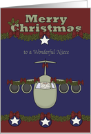 Christmas to Niece in the Air Force, Santa Claus flying a plane, blue card