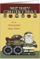 Christmas to Step Sister in the Army, Santa Claus with tank, ornaments card