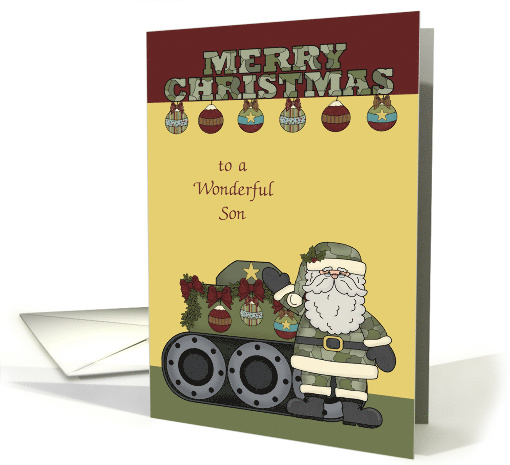 Christmas to Son in the Army, Santa Claus with a tank, ornaments card