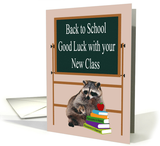 Back to School to Teacher with a Raccoon Behind a Stack of Books card
