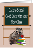 Back to School to Teacher with a Raccoon Behind a Stack of Books card